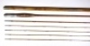 A Leonard & Mills "H.L. Leonard" 3 piece (4 tips) cane trout fly rod, 10', scarlet silk inter-whipped, sliding nickel silver reel fitting, swollen butt section, nickel silver spigot joints, in bag and with brass capped bamboo tip tube