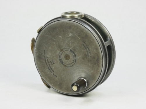 A Hardy Perfect 3 7/8" light salmon/trout fly reel, ebonite handle, ribbed brass foot, white agate line guide (no cracks), nickel silver milled rim tension screw and Mk.II check mechanism, light wear from normal use only, circa 1930