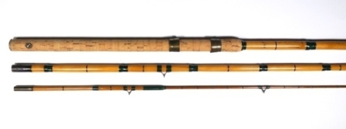 A scarce Hardy "Match Roach" 3 piece whole and built cane float rod, 11', green silk inter-whipped, sliding brass reel fittings, agate line butt and tip rings, suction joints, circa 1937, very good condition, in bag