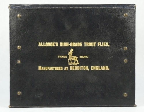 A good Allcock salesman's folio of High Grade Trout flies, the rectangular rexine case opening to reveal five panels of ninety six various trout patterns to gut casts displayed on red printed trade cards, cover with gilt stamped Stag logo and makers deta
