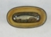 A scarce Victorian sterling silver vesta case in the form of a woven reed fishing creel, tapered oval form, hinged lid with relief decoration of a naturalistically painted trout lain upon on a grassy bank within a gilt border and beneath a cut and bevelle - 2