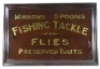 A fine and rare Edwardian framed glass advertising plaque, gilt lettered "Fishing Tackle, Minnows, Spoons, Flies and Preserved Baits, dark mahogany backboard and mounted within a heavy mahogany frame, 19 ½" x 29" overall (see illustration)