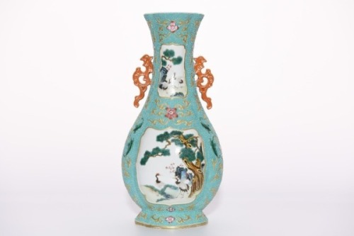 A Famille Rose Pine and Crane Vase Qianlong Mark