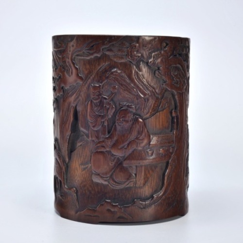 A Carved Bamboo Figural among Landscape Brushpot