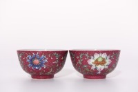 Pair Famille Rose Floral Scrolls Cups Qianlong Period