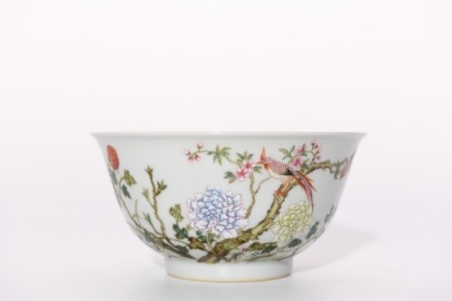 A Famille Rose Peony and Bird Bowl Qianlong Period