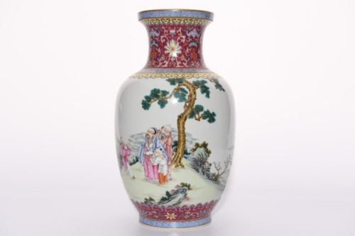 A Famille Rose Figural Vase Qianlong Mark