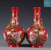 Pair Famille Rose Dragon Vases