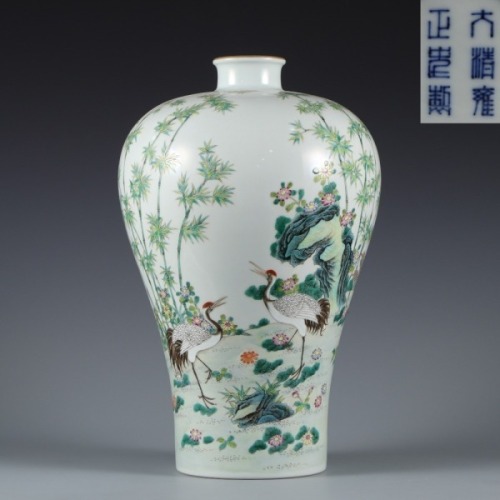 A Famille Rose Cranes Vase Meiping