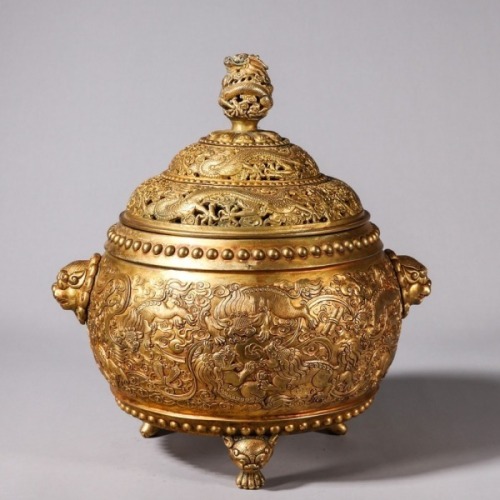 A Gilt-bronze Kylin Tripod Censer