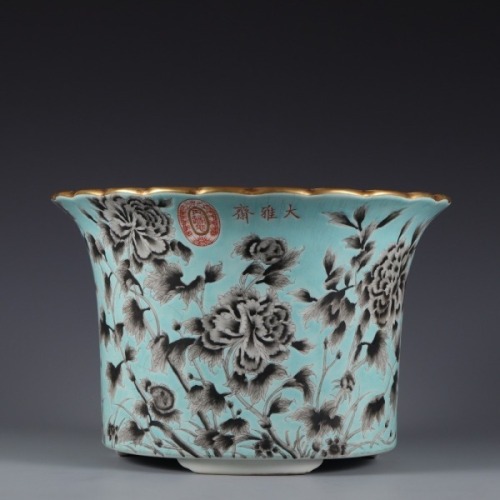 A Turquoise Ground and Grisaille Glazed Jardiniere