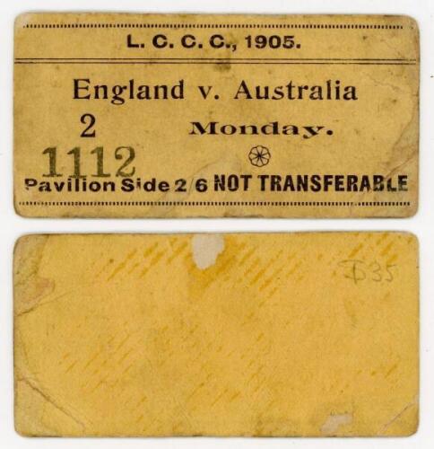 England v Australia 1905. Rarely seen official match ticket for the Monday (first day) of the fourth Test, Old Trafford, 24th-26th July 1905. The small plain ticket admits the holder to the 'Pavilion Side'. Small adhesive mark to verso, minor creasing to 