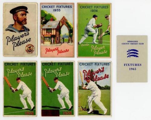 'Players Please'. Cricket Fixtures 1929-1939. Fixture booklets with colourful attractive wrappers issued by John Player & Son for seasons 1929, 1935, 1936, 1938 (two copies) and 1939. Sold with an official fixture card for Middlesex C.C.C. season 1965. Ad