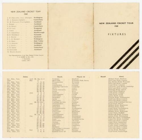 New Zealand tour to England 1949. Official folding players' itinerary card listing tour fixtures and hotels for each match. VG - cricket