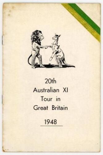 Australia 1948. '20th Australian XI Tour in Great Britain 1948'. Original players itinerary with title, lion and kangaroo shaking hands and Australian colours of gold and green to top right hand corner. Inner pages contain players names, travelling itiner