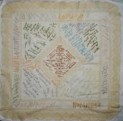 Cotton table cloth with intricate lacework borders and inset panels and over two hundred embroidered signatures of county teams and the Australian touring parties of 1912 and 1938. The county signatures appear to date early 1910s. It is assumed the cloth 