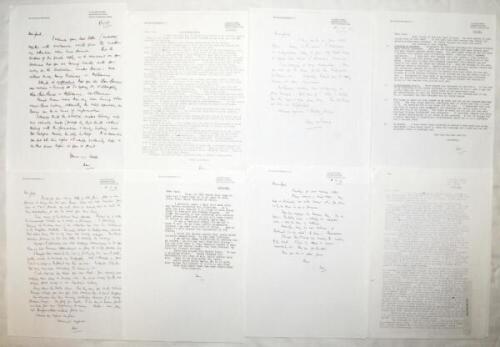 Don Bradman. A collection of eight facsimile copies of handwritten and typed letters from Bradman, the majority to Jack Sokell of the Wombwell Cricket Lovers' Society. Dates range from 1982 to 1996. Interesting cricket content including advice on Sokell's