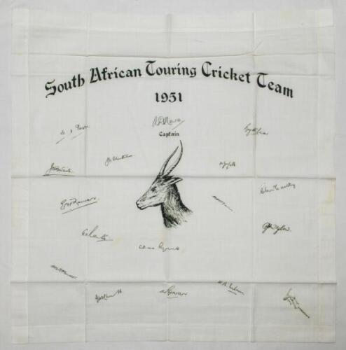 'South African Touring Cricket Team 1951'. Commemorative handkerchief produced to celebrate the South African tour to England. White linen handkerchief with printed tour title to top and Springbok illustration to centre in dark green surrounded by the pri