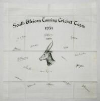 'South African Touring Cricket Team 1951'. Commemorative handkerchief produced to celebrate the South African tour to England. White linen handkerchief with printed tour title to top and Springbok illustration to centre in dark green surrounded by the pri