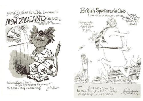 British Sportsman's Club menus 1958 and 1974. Two official menus for luncheons given at the Savoy Hotel, London, to welcome touring teams. One for the New Zealanders, 18th April 1958, with a cartoon to the front by Tom Webster of a lion and kiwi, the othe