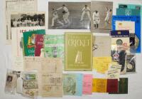 Cricket miscellany 1930s-1970s. A mixed selection of ephemera including two mono press photographs of Larwood in bowling action in 1935, Bradman in 1938, also cigarette cards, scorecards, memberships cards, tour guides, programmes, Benson & Hedges match t