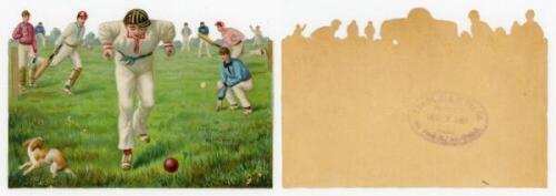Victorian chromolithographs. Two attractive original colour prints depicting cricket scenes. One, a colour 'scrap' of a boy chasing the ball in the field with batsmen and fielders in the background and a small dog. Official date stamp to verso for 'The Gr