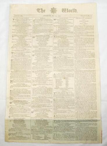 'The World'. Early and original four page newspaper dated 14th May 1791, with partial revenue stamp to page three, printed by R. Bostock of The Strand. The paper with twenty two line notice on the first page, for 'A Grand Match will be played, on Monday t