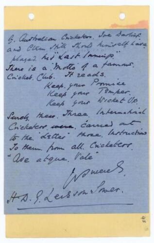 H.D.G. Leveson Gower. Oxford University, Surrey & England 1893-1920. Two page handwritten letter in ink from Leveson Gower dated 22nd December 1947 who is writing in reply to a request for his autograph. He also refers to a newspaper article written by F.