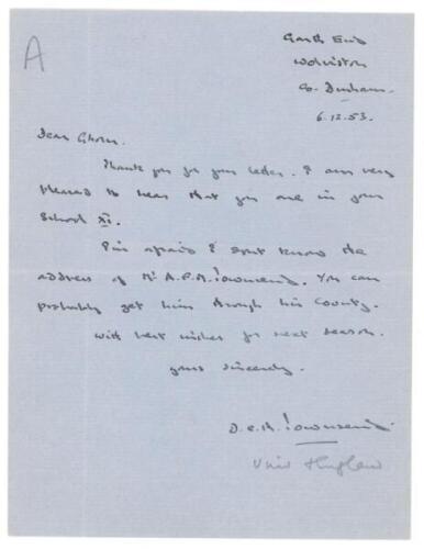 David Charles Humphrey Townsend. Oxford University & England 1933-1935. Single page handwritten letter from Townsend to a school boy, dated 6th June 1953. Writing from his address in County Durham, Townsend is replying to an enquiry regarding the address 