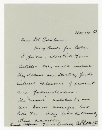 Alfred Powell Rawlins Hawtin. Northamptonshire 1908-1930. Single page handwritten letter in ink from Hawtin to J.D. Coldham, dated 14th November 1957. Hawtin is writing to congratulate Coldham on articles written on the history of Northamptonshire cricket