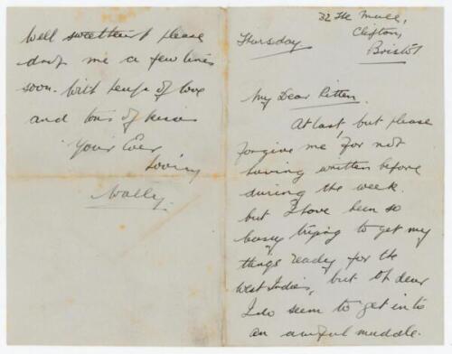 Walter Reginald 'Wally' Hammond. Gloucestershire & England, 1920-1951. Four page hand written letter to 'Kitty [Hall]', a lady friend in Folkestone. Hammond apologises for not writing sooner, 'but I have been so busy trying to get my things ready for the 