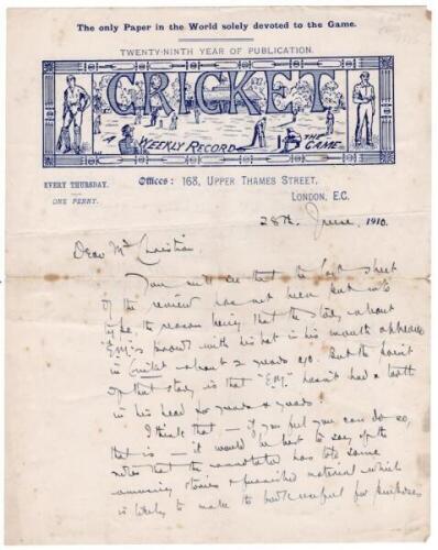 F.S. Ashley-Cooper. Two page handwritten letter to E.B.V. Christian from Ashley-Cooper, written on the pictorial letterhead of 'Cricket, a Weekly Record of the Game'. The letter dated 28th June 1910 when Ashley-Cooper was editor of the magazine. Christian
