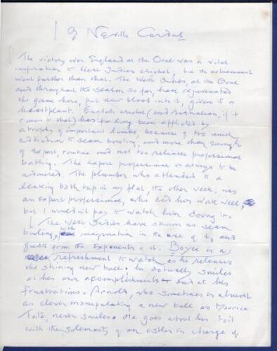 Neville Cardus. 'Thoroughbreds in Cricket 1973'. Five page handwritten manuscript of an article written by Cardus on West Indies cricket and the importance of their win in the first Test v England at The Oval, 26th- 31st July 1973. Cardus describes with e