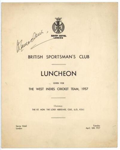 West Indies tour to England 1957. Original 8pp guest list and table plan for the luncheon given by the British Sportsman's Club for the West Indies Cricket Team, held at the Savoy Hotel, London 16th April 1957. Signed twice in ink by Sonny Ramadhin, to th