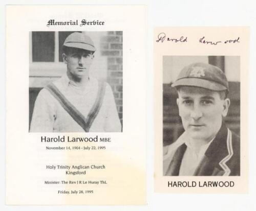 Harold Larwood. Nottinghamshire & England 1924-1938. Rarer official order of service for the memorial service held for Larwood at Holy Trinity Anglican Church, Kingsford, Sydney, Australia, 28th July 1995. Sold with a mono cutting image of Larwood, signed