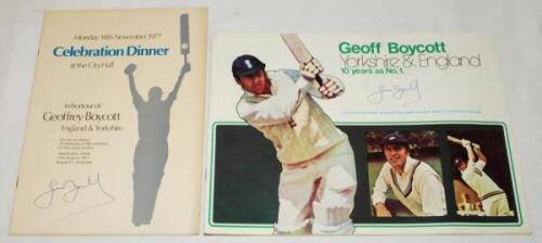 Geoff Boycott. England & Yorkshire. Official menu for the dinner to celebrate Boycott attaining one hundred centuries in first class cricket, held at City Hall, Leeds, 14th November 1977. The menu with decorative covers and Boycott's signature to front. T