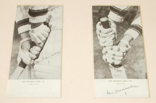 Don Bradman. Two bookplate images entitled 'The Bradman Grip. II' and 'The Bradman Grip. II'. Each signed in ink by Bradman. Window mounted, framed and glazed. Overall 15.5"x13.5". VG - cricket