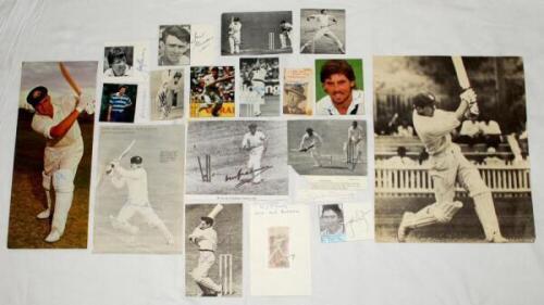 Australian signatures 1940s-1980s. A selection of nineteen signed magazine and newspaper cuttings, pieces etc, of Australian cricketers. Signatures include Bradman, Benaud, Border, Burge, G. Chappell, Thomson, Lillee, Ponsford, S. Waugh, Dyson, Dodemaide,