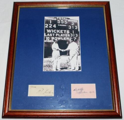 Yorkshire. Percy Holmes and Herbert Sutcliffe. 555 record opening partnership. Signatures in ink of Holmes and Sutcliffe, each window mounted below a mono copy photograph of the pair shaking hands in front of the scoreboard following their record opening 
