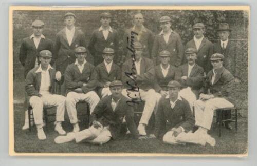 Australia tour to England 1921. Mono newspaper cutting image of the Australian touring party seated and standing in rows wearing tour caps and blazers. The image boldly signed in black in by Warwick Armstrong, Captain. Approx. 6.5"x4", laid to board. G - 