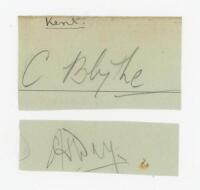 Early Kent and Yorkshire cricket signatures. Four signatures on two pieces, one in pencil of Colin Blyth (Kent & England 1899-1919), to verso in ink of Lord Hawke (Yorkshire & England 1881-1911). Also Samuel Day (Kent 1897-1919) in pencil, and in ink to v