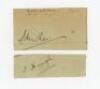Early Kent and Yorkshire cricket signatures. Four signatures on two pieces, one in pencil of Colin Blyth (Kent & England 1899-1919), to verso in ink of Lord Hawke (Yorkshire & England 1881-1911). Also Samuel Day (Kent 1897-1919) in pencil, and in ink to v - 2