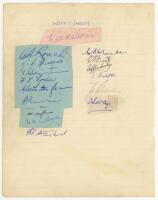 West Indies World War II. Page from a ruled exercise book signed in ink by seventeen West Indian players, some signed to the page, others on trimmed pages and pieces laid down. Signatures include Constantine, Roach, Clarke Messado, Roden, Taylor, Ablack, 