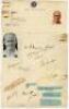 Australians in World War II. Two joined page extracts from a ruled exercise book signed in ink by sixteen Australian and West Indian players, some signed to the page, others on pieces laid down. Signatures include Yeates, Christofani (two signatures), Car