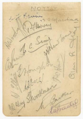 Nottinghamshire and Warwickshire 1946. Album page signed in pencil (one in ink) by sixteen players of the two teams, presumed to be for a Second XI match. Includes some rarer signatures of first-class cricketers including E.A. Marshall (4 matches, 1937-19