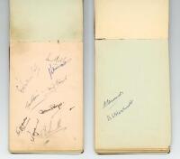 Autograph album late 1940s. Album comprising a nice selection of signatures in ink, with the odd one in pencil, including members of the Indian touring party 1946, South Africans 1947, County players of the period, and John Arlott. Some signatures signed