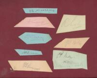 Notable cricketers of the 1920s/1930s. Nine signatures in ink and pencil on snips. Signatures are Frank Woolley, Herbert Sutcliffe, George Geary, Tich Freeman, Harold Larwood, Andrew Sandham, Jack Hobbs, Patsy Hendren and Maurice Tate. Laid to card, frame