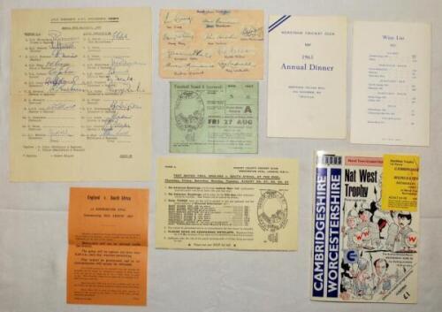 Selection of autographed ephemera 1950s/1960s. Includes signatures on snips of nine members of the 1953 Australian touring party, D.G.W. Fletcher's & H.W. Stephenson's Benefit, 29th September 1957, autograph sheet signed by eighteen players including Rich