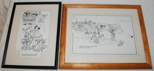 Gloucestershire C.C.C. A selection of five signed framed and glazed items relating to Gloucestershire cricket. Includes two prints of cartoons by 'Hans', both depicting and signed by Jack Russell. A Gloucestershire Centenary 1870-1970 commemorative cover 