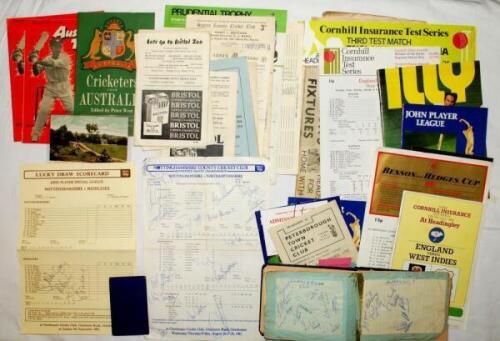 Cricket ephemera selection 1940s onwards. A mixed selection of ephemera, some signed, including an autograph album, tour guides, tour and county match scorecards, programmes, match tickets, cigarette cards etc. The autograph album comprises a number of co